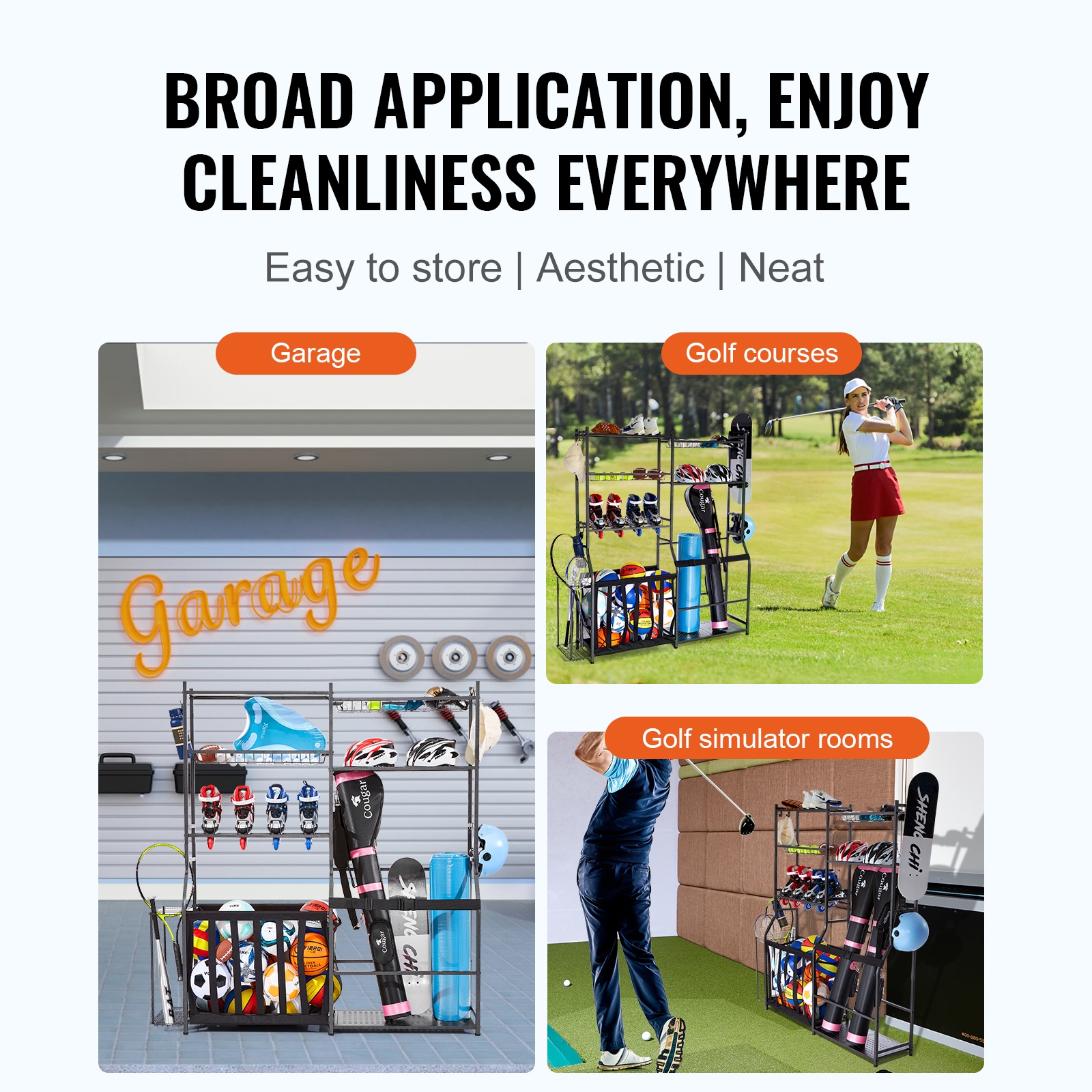 Golf Storage Garage Organizer, 2 Golf Bag Storage Stand Holder And Other Sports Equipment Storage Rack, Outdoor Steel Ball Cart, Sports Gear And Toys Storage Shelves With Baskets & Hooks, Black_maomaolike.com